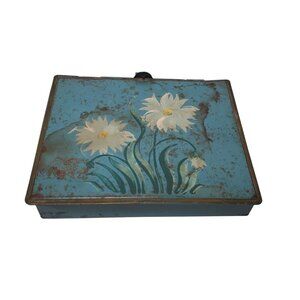 Vtg Toleware Silent Butler Crumb Catcher Metal Hand Painted Box Floral Hinged
